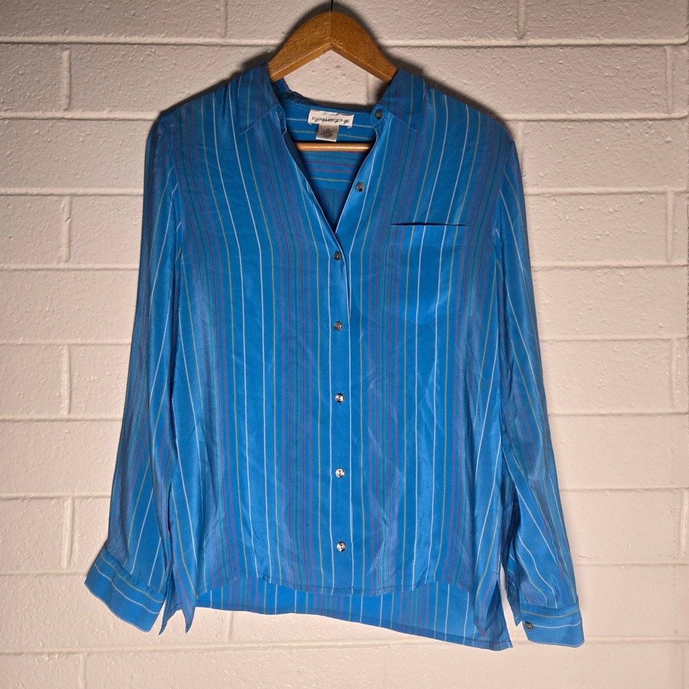 Vtg Evan Picone Silk Button Shirt 12 Striped 90s Office Capsule Colorful‎